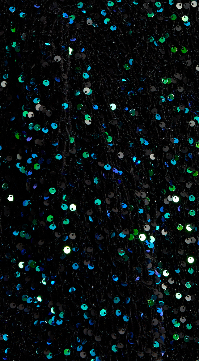 Women's Mini Dress in Black Velvet with Green and Blue Sequins, Long Sleeves, Stylish Open Back - Liquorish