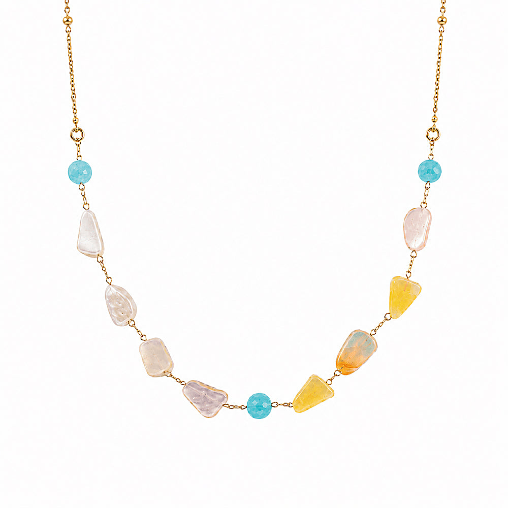 Discover the Seabreeze Shell & Amazonite Necklace at The Luxe Maison, featuring natural yellow shell, ocean-blue amazonite, and a 14K gold-plated chain for a fresh, effortless summer look.