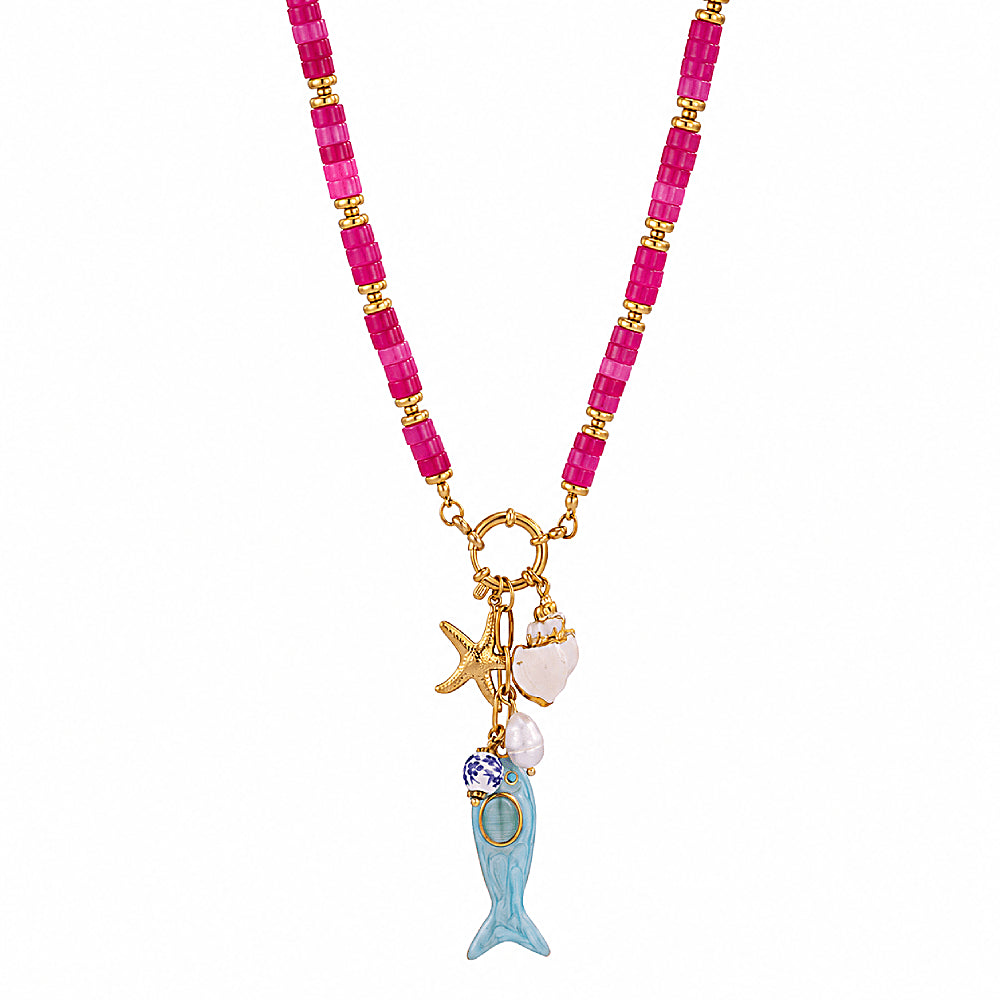 Discover the Seaside Treasure Fish & Shell Beaded Necklace at The Luxe Maison, featuring colorful natural stones, playful fish charms, shell details, and golden titanium steel accents for a vibrant, beach-inspired look.