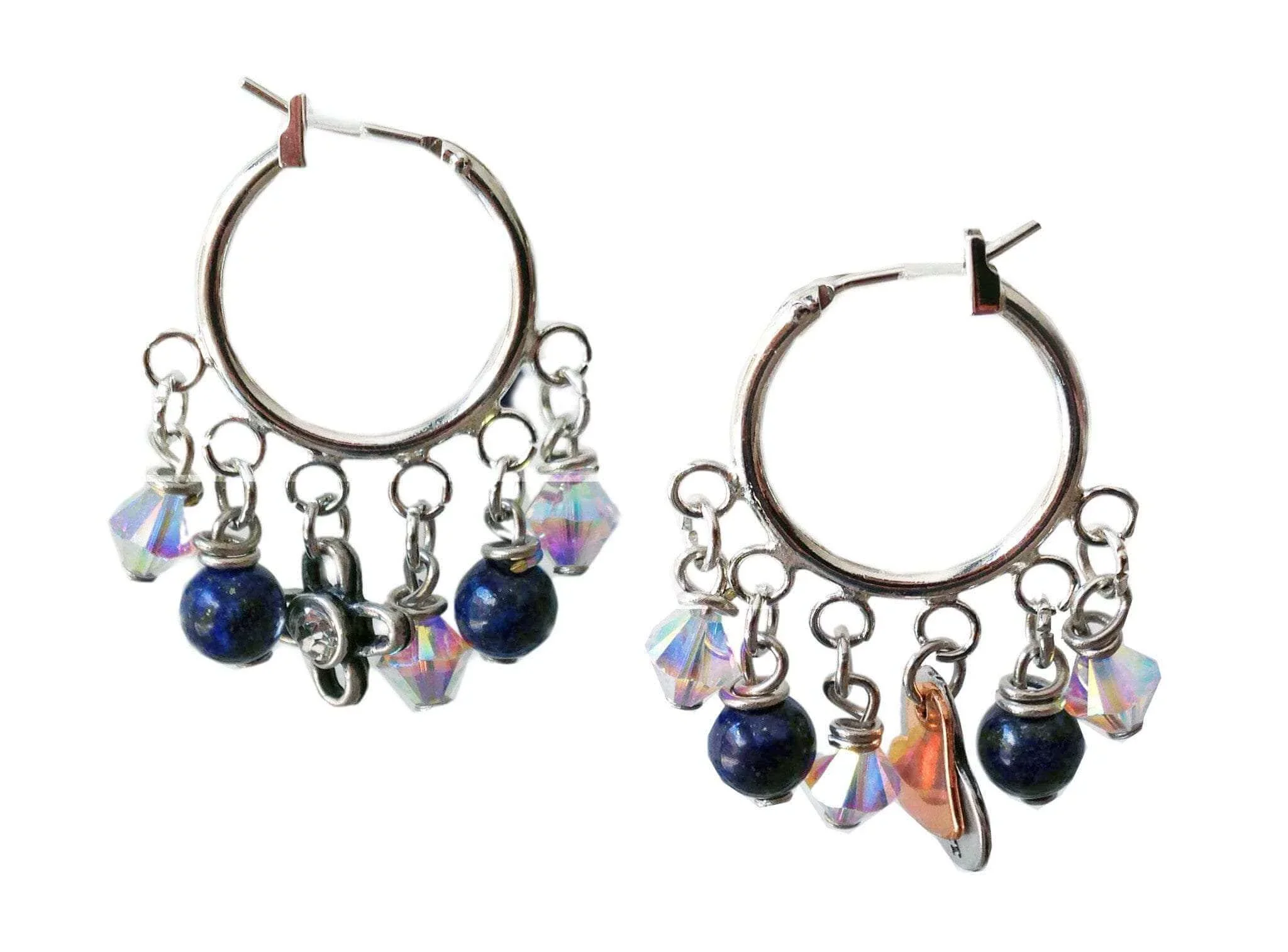 Earrings made with crystallized swarovski elements, silver plated brass and natural lapislazzuli stones. 