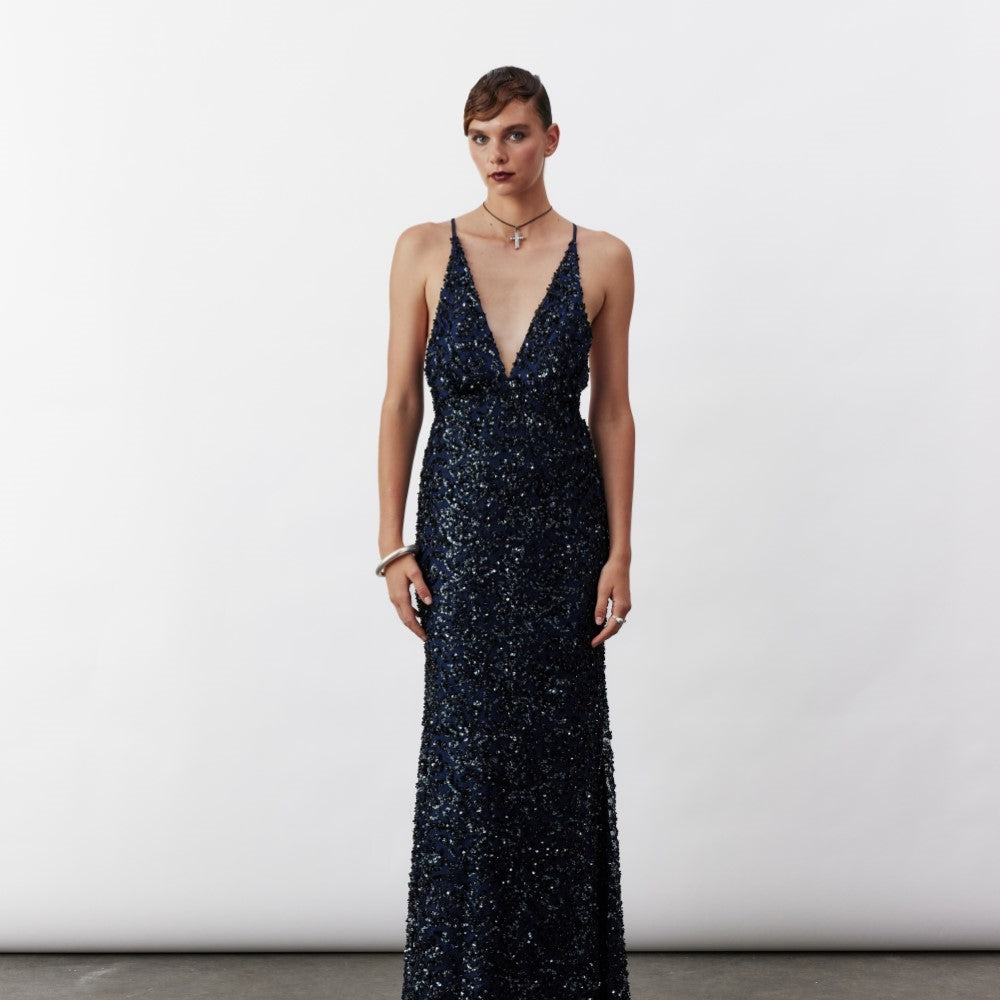 Selene Long Sequin Dress In Midnight Blue