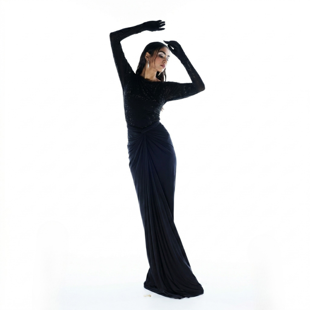 Shimmer bodysuit with draped knot skirt and glove detail, perfect for parties and nights out. Shop online from our exclusive collection of premium party wear style