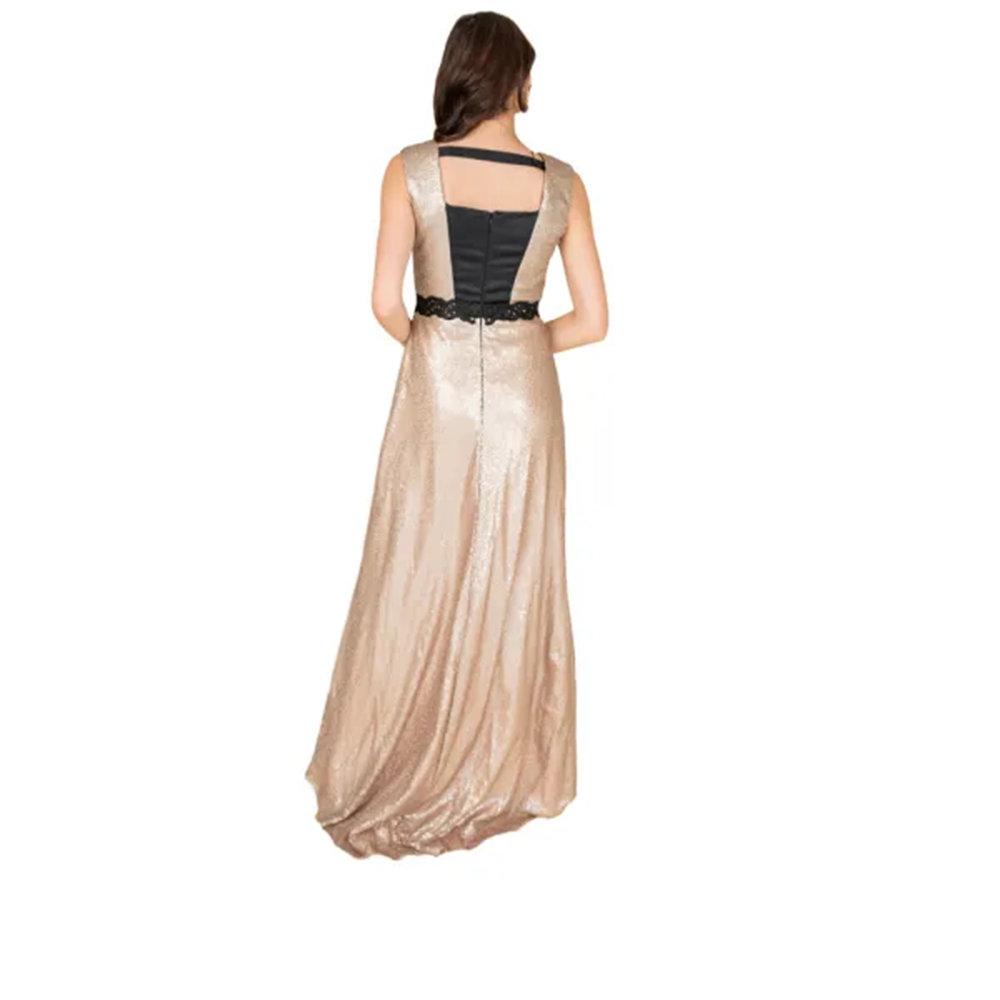 V- neck.Hidden back zipper.Sleeveless.Fitted waist and Lace trim around the waist.Column silhouette.