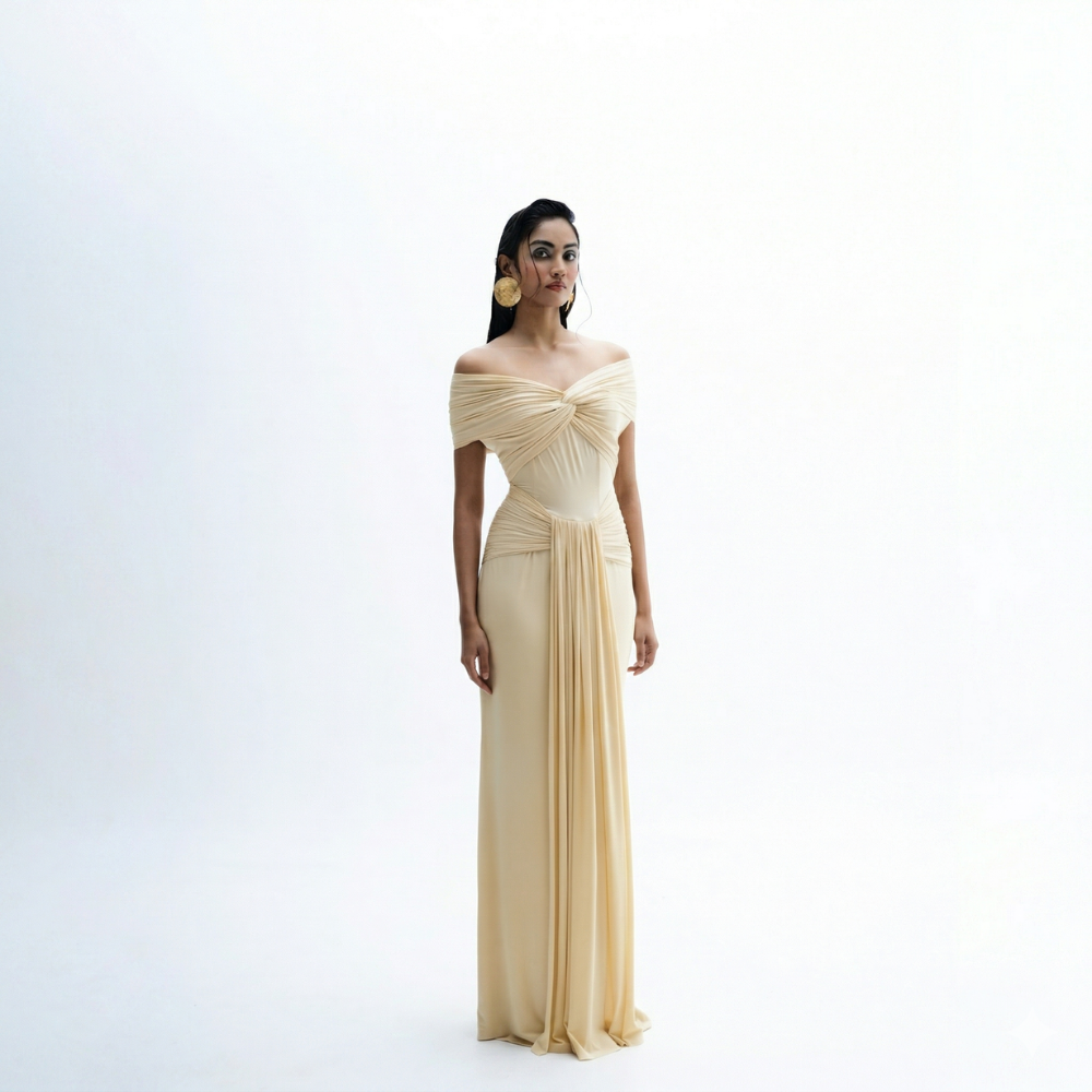 Butter yellow lycra dress with elegant details, perfect for brunch and vacations. Shop online from our exclusive collection of premium styles.