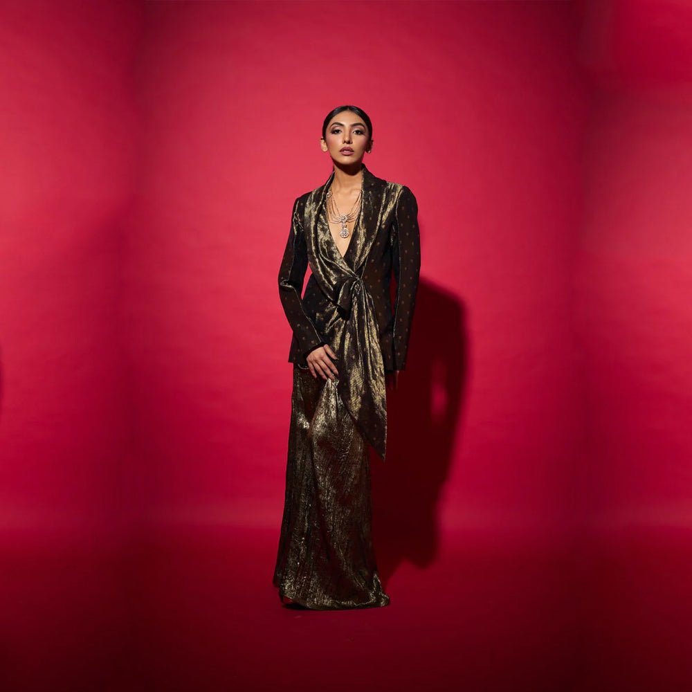 Brocade silk blazer with gold skirt, structured festive set for occasions. Shop online from our curated edit of premium fashion.