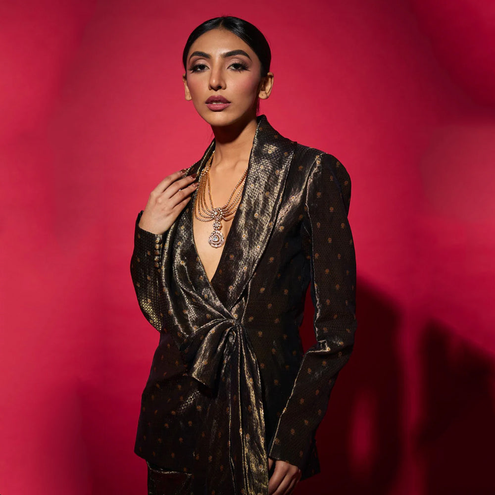 Brocade silk blazer with gold skirt, structured festive set for occasions. Shop online from our curated edit of premium fashion.