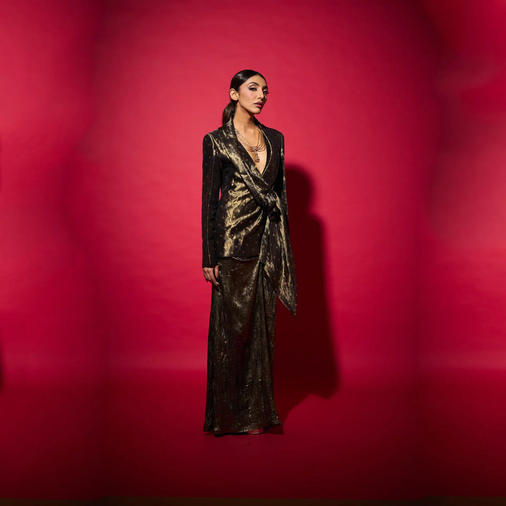 Brocade silk blazer with gold skirt, structured festive set for occasions. Shop online from our curated edit of premium fashion.