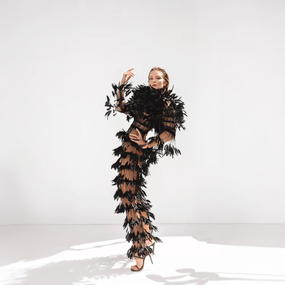 A sheer dress in black tulle and ruffled coq plumes.