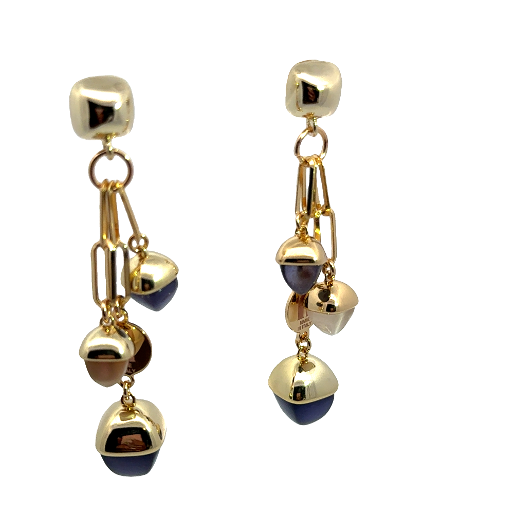 Shop online premium rose gold plated dangle earrings with pink quartz pyramidal crystal on elegant oval counter link detailing.