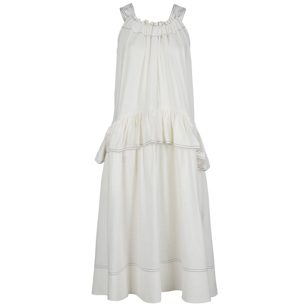 Shoulder Strap Ruffled And Gathered Linen-Blend Dress