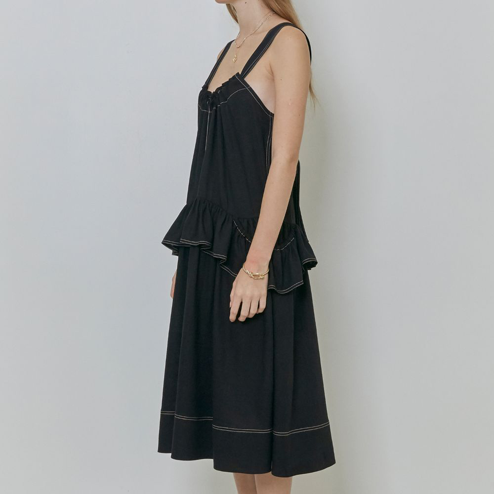 Shoulder Strap Ruffled And Gathered Linen-Blend Dress