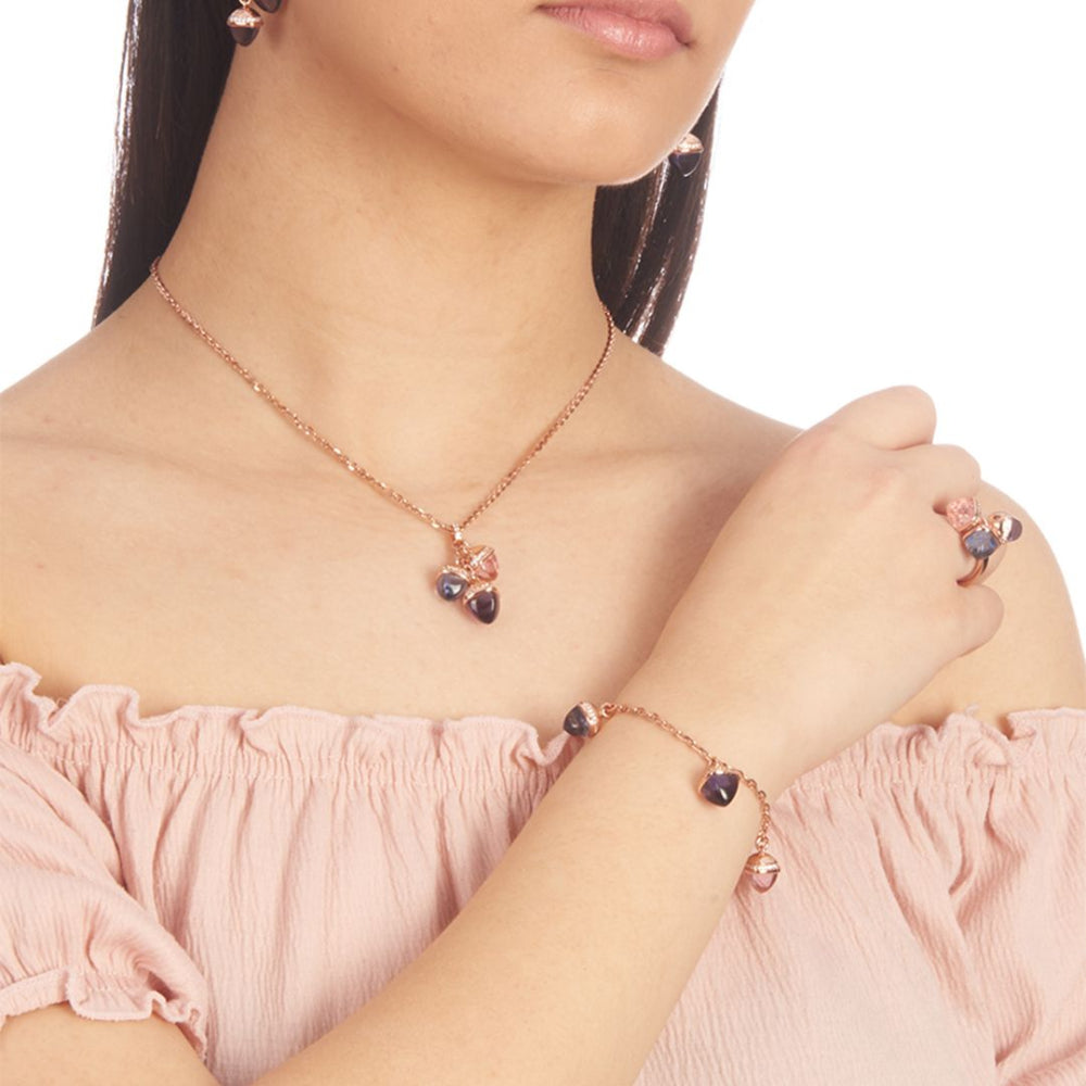 Elegant rose gold plated bracelet with amethyst, sapphire, and morganite pyramidal crystals, finished with pavé cubic zirconia accents. Shop premium jewelry online.