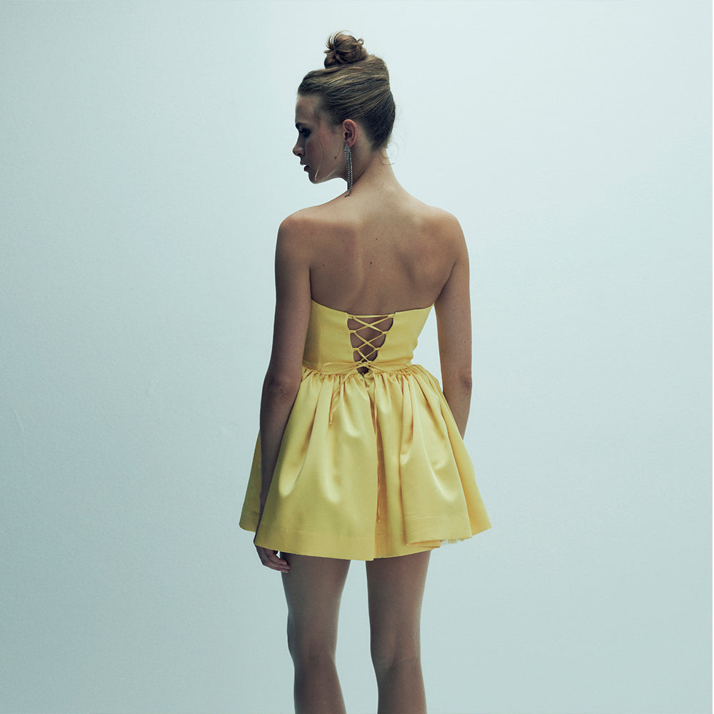 Sibby Strapless Satin Mini Dress in Marigold
