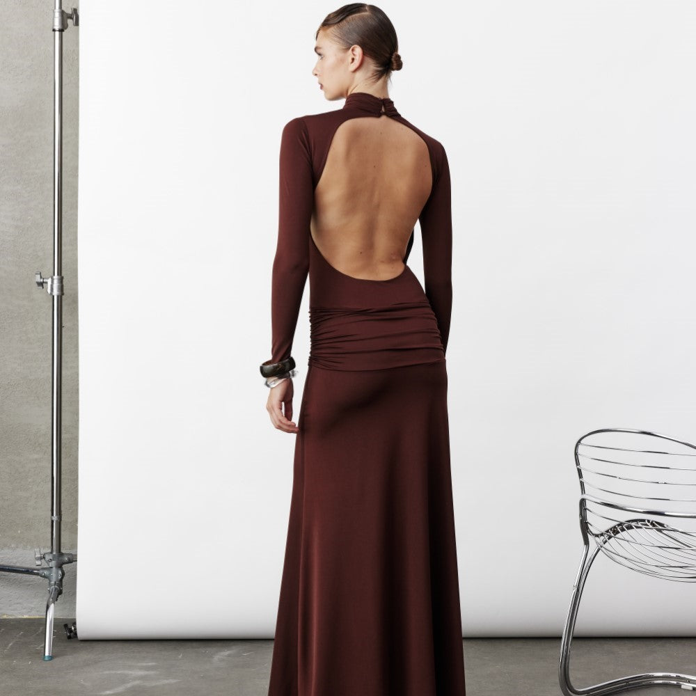 Sienna Long Jersey Dress In Burnt Brown