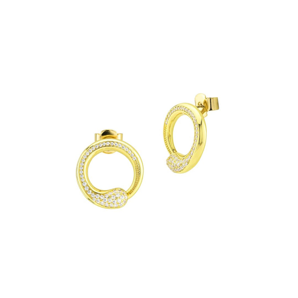 Shop online premium rose gold plated drop earrings with concentric circle design, sky blue stone and sparkling cubic zirconia accents for elegant styling.