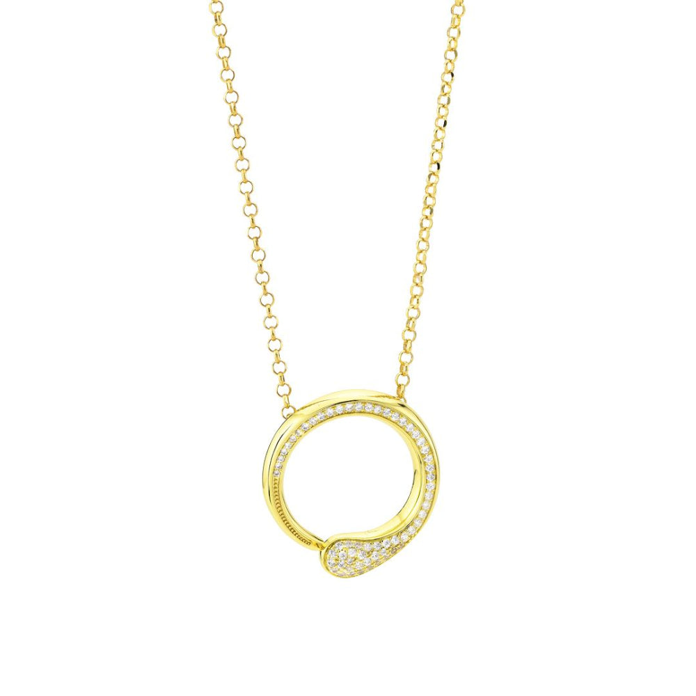 Shop online premium yellow gold pendant necklace with sparkling pave cubic zirconia circle design.