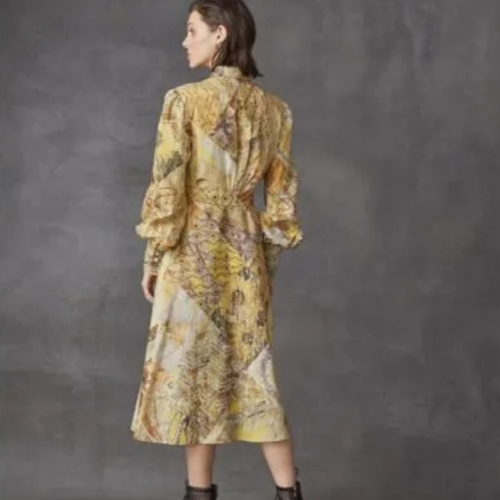 Multicolour Floral Print Chiffon Dress From Leo And Lin Featuring Long Sleeves, Side Cuts With A Deep Back.