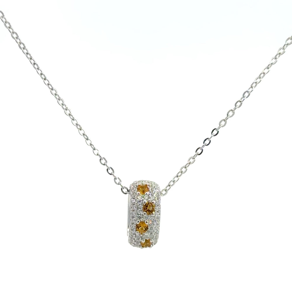 Shop online premium sterling silver amber speckled necklace with oval pavé ring of created Ambers and white cubic zircons.
