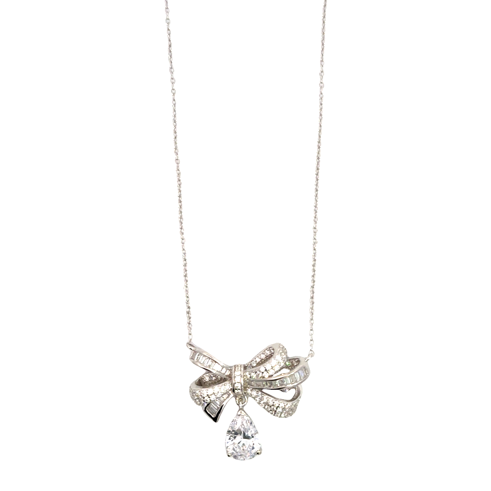 Shop online premium sterling silver bow necklace with sparkling cubic zirconia stones.