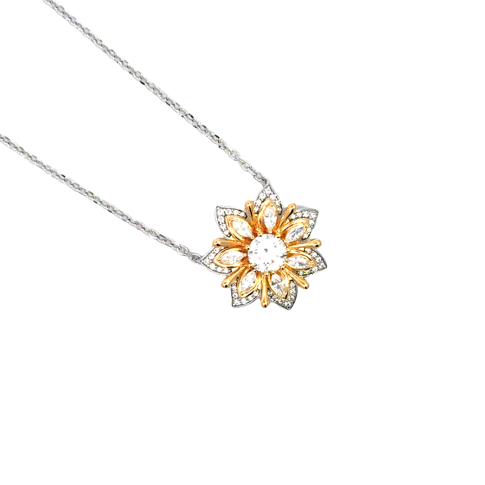 Shop online premium rhodium & 18K gold plated flower necklace with moissanite stones.