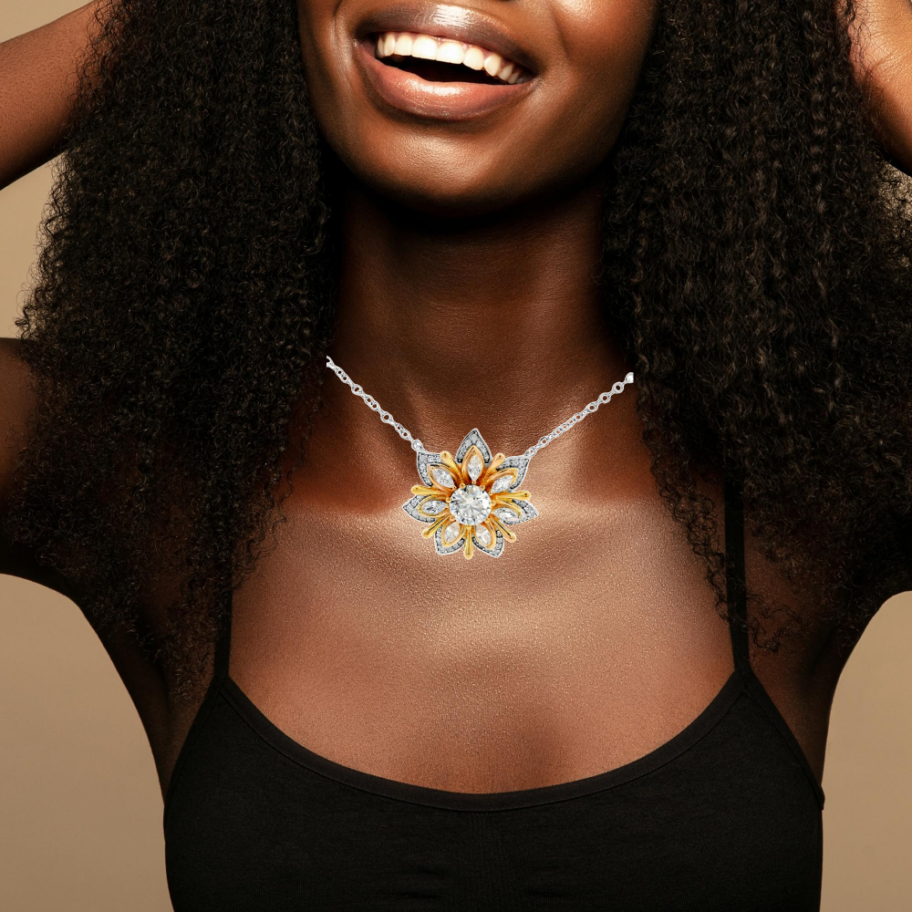 Shop online premium rhodium & 18K gold plated flower necklace with moissanite stones.
