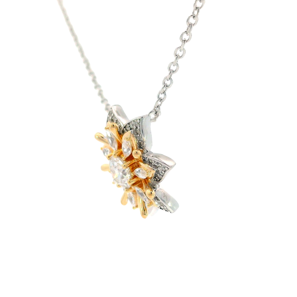 Shop online premium rhodium & 18K gold plated flower necklace with moissanite stones.