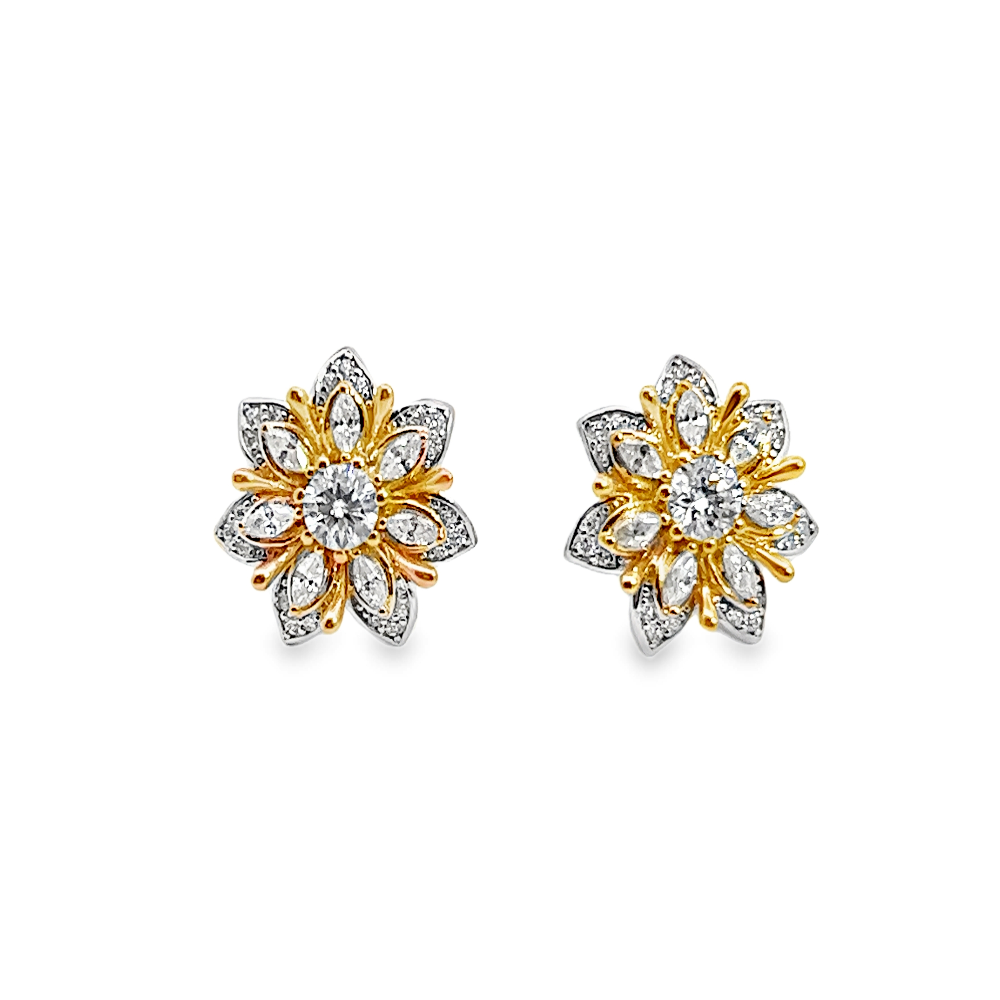 Shop online premium 18K gold flower stud earrings with moissanite and sparkling CZ stones.