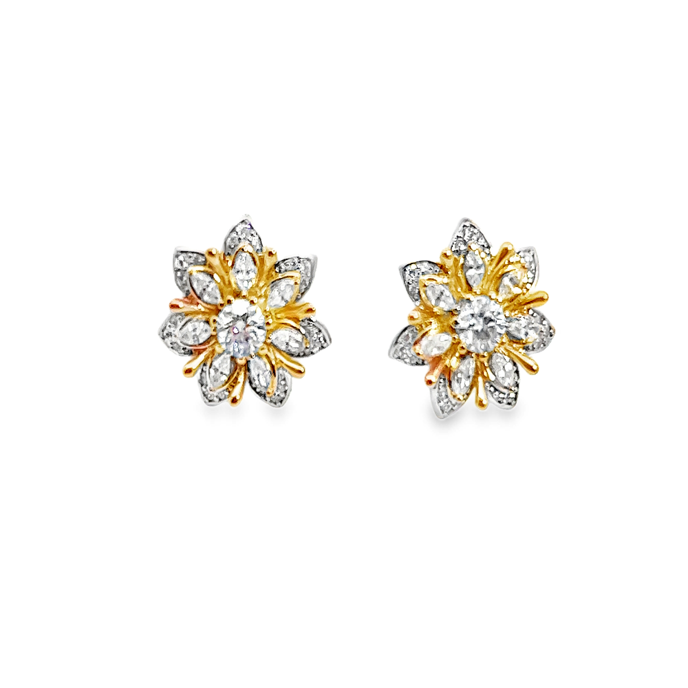 Shop online premium 18K gold flower stud earrings with moissanite and sparkling CZ stones.