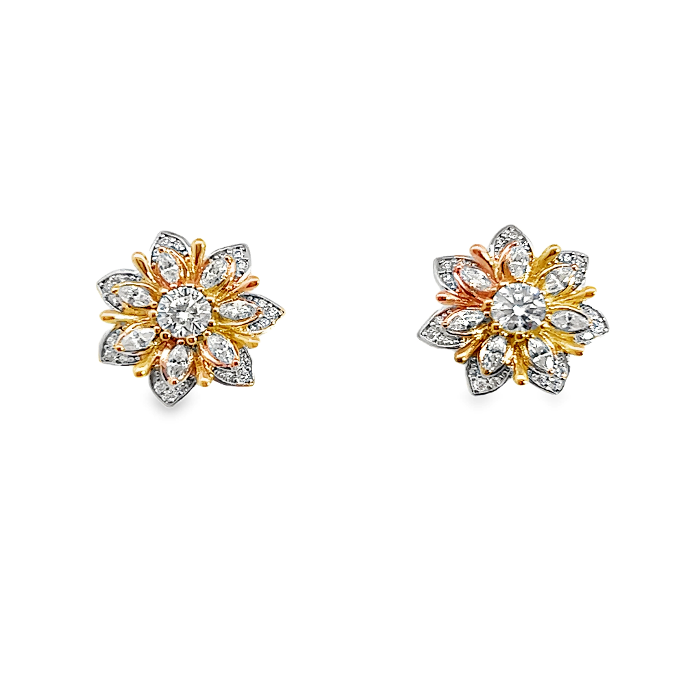 Shop online premium 18K gold flower stud earrings with moissanite and sparkling CZ stones.