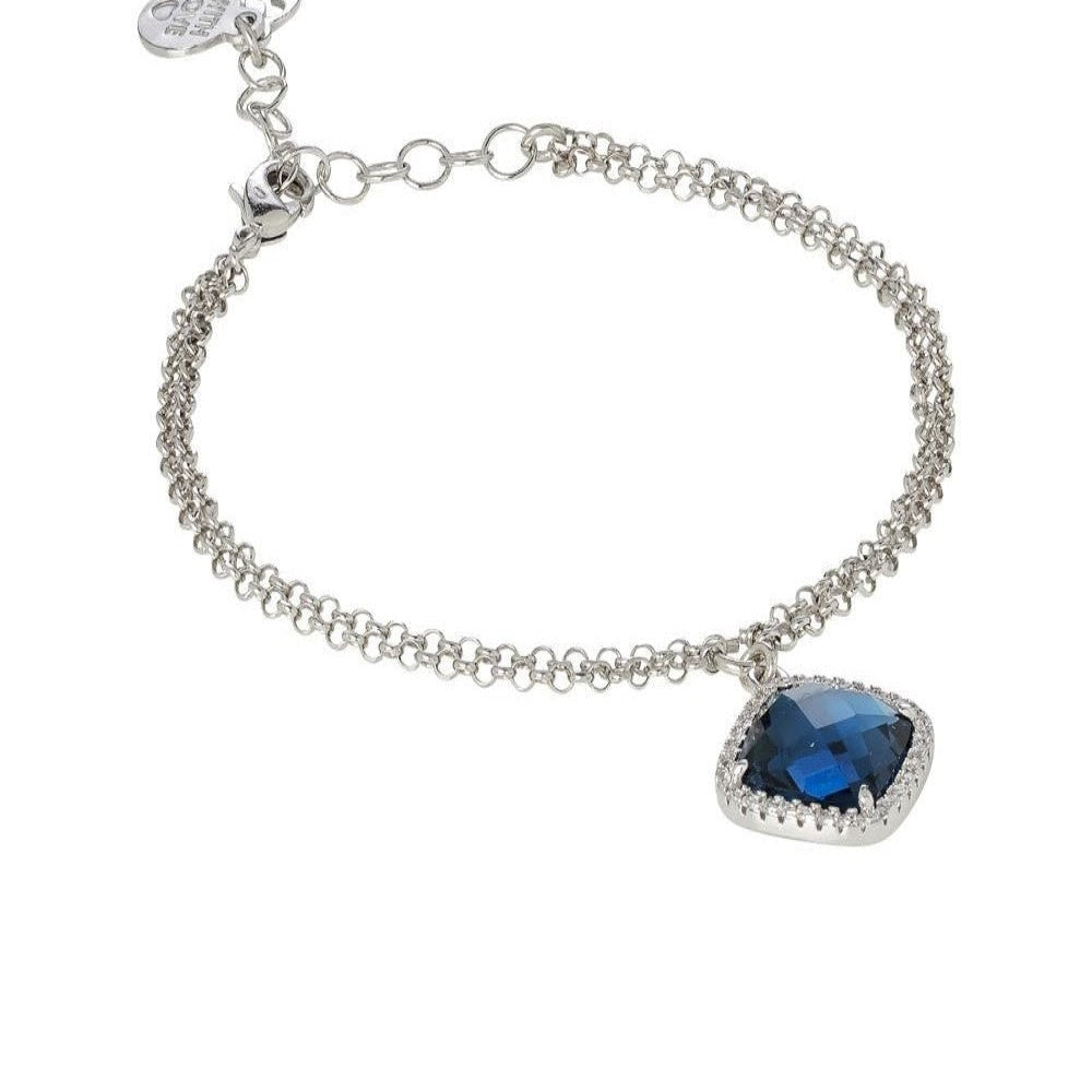 Rhodium-plated double chain bronze bracelet featuring sparkling cubic zirconia and a blue Montana crystal for a sleek contemporary finish. Shop premium jewelry online.