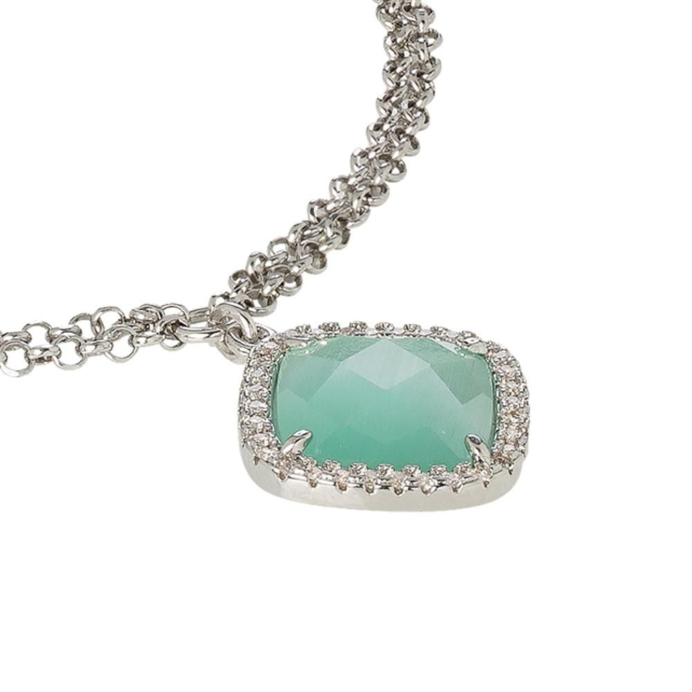 Rhodium-plated double chain bronze bracelet with sparkling cubic zirconia and a green mint crystal briolette pendant for a fresh contemporary look. Shop premium jewelry online.