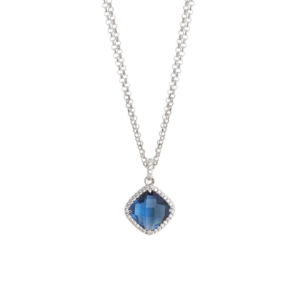 Shop online premium rhodium plated double chain necklace with Montana blue crystal and sparkling cubic zirconia accents.