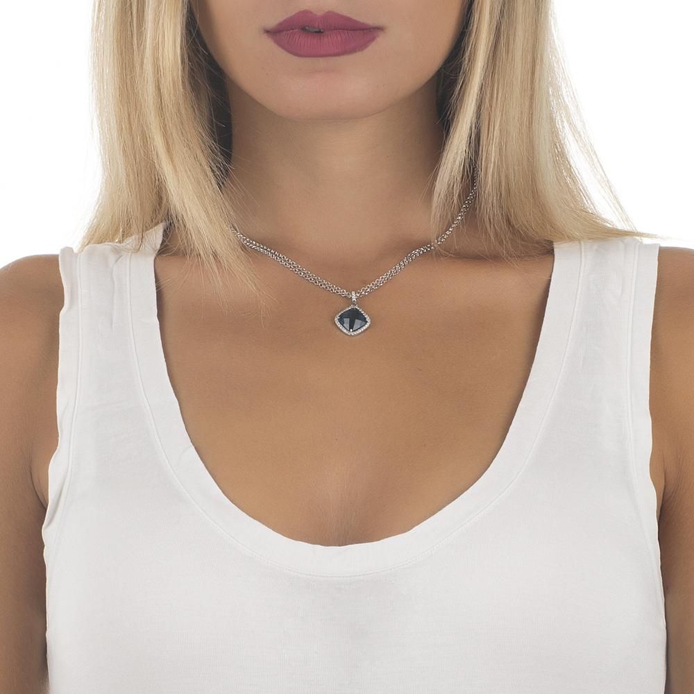 Shop online premium rhodium plated double chain necklace with Montana blue crystal and sparkling cubic zirconia accents.