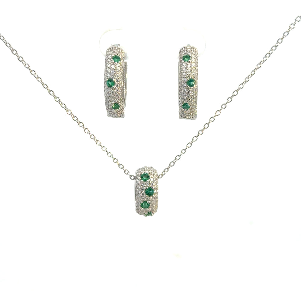 Shop online premium sterling silver emerald speckled necklace with oval pavé ring of created emeralds and white cubic zircons.