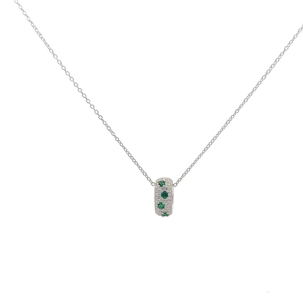 Shop online premium sterling silver emerald speckled necklace with oval pavé ring of created emeralds and white cubic zircons.