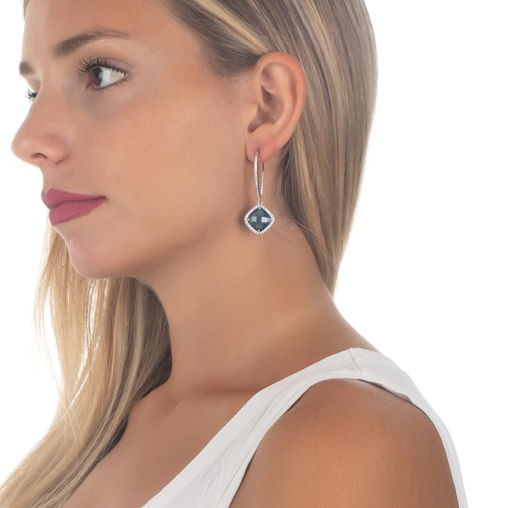 Shop online premium hook earrings with Blue Montana briolette crystal and sparkling cubic zirconia halo detailing for elegant glamour.