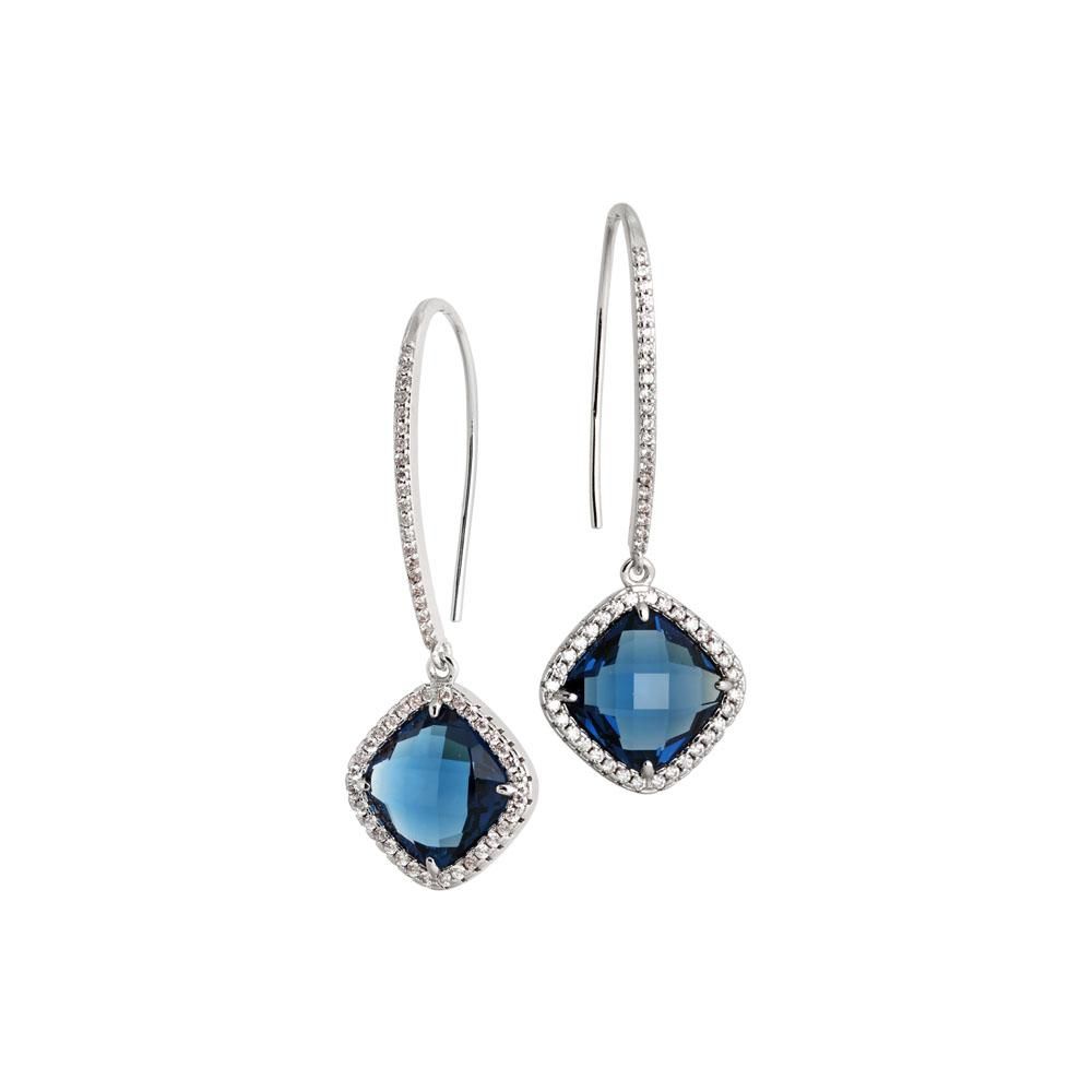 Shop online premium hook earrings with Blue Montana briolette crystal and sparkling cubic zirconia halo detailing for elegant glamour.