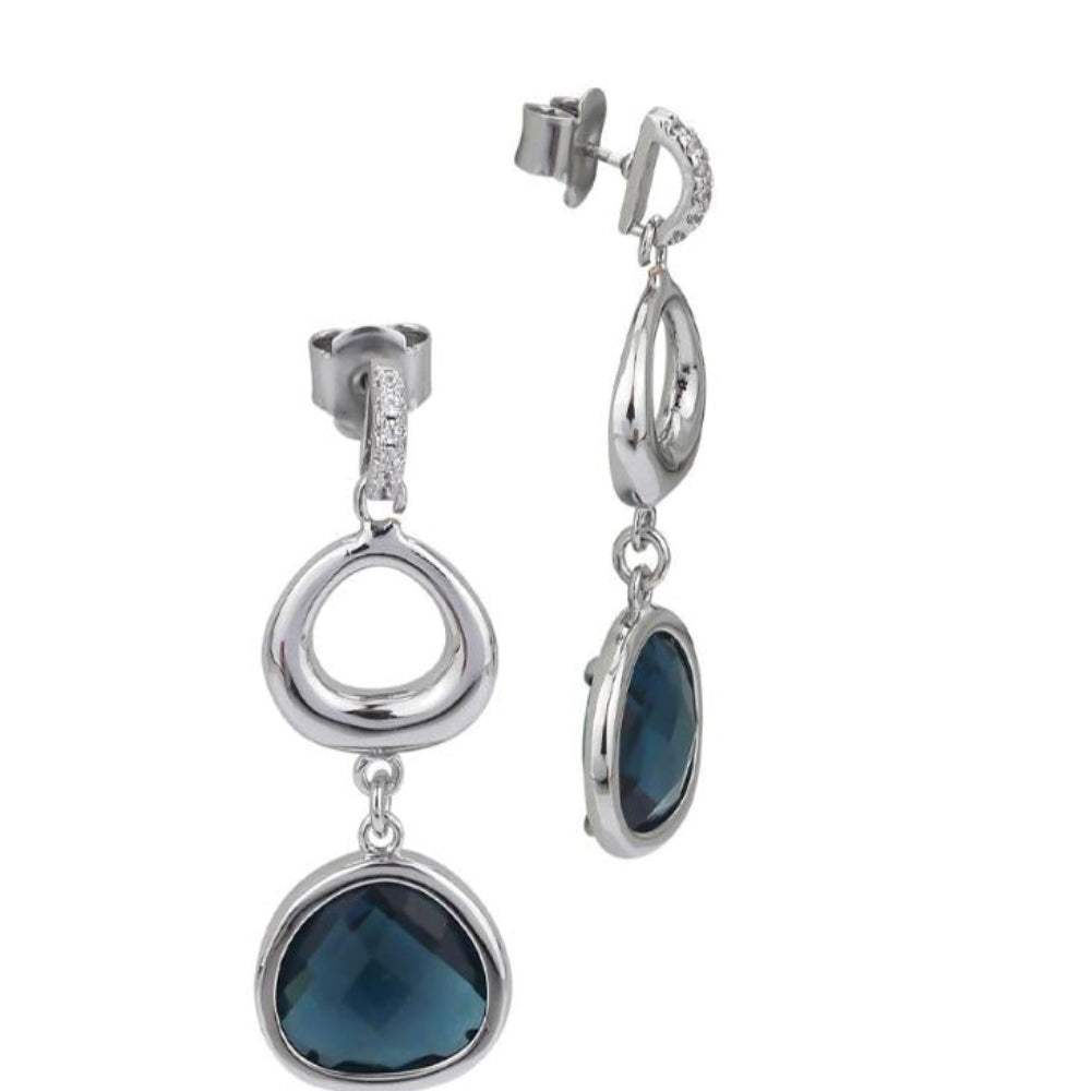 Shop online premium rhodium plated dangler earrings with Montana blue briolette crystal, cubic zirconia detailing and irregular modern design.