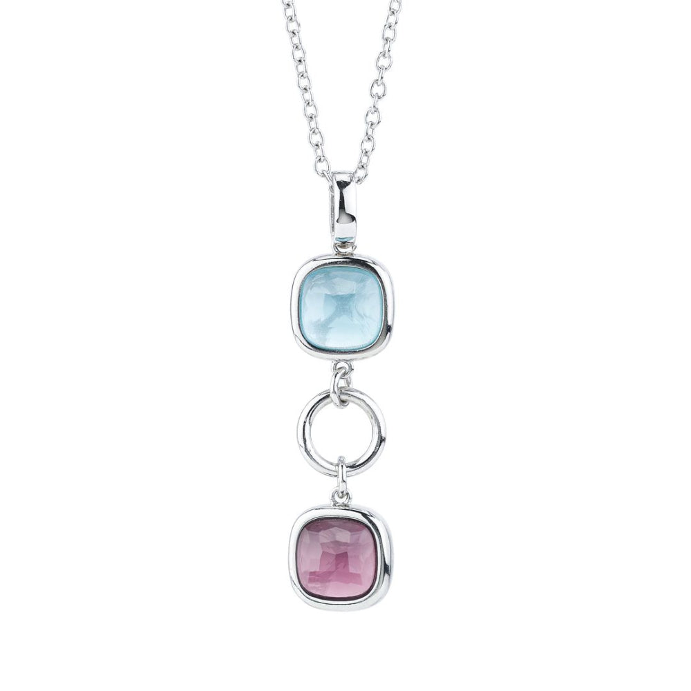 Shop online premium rhodium plated necklace with purple amethyst and aquamarine crystals with circular module accents.