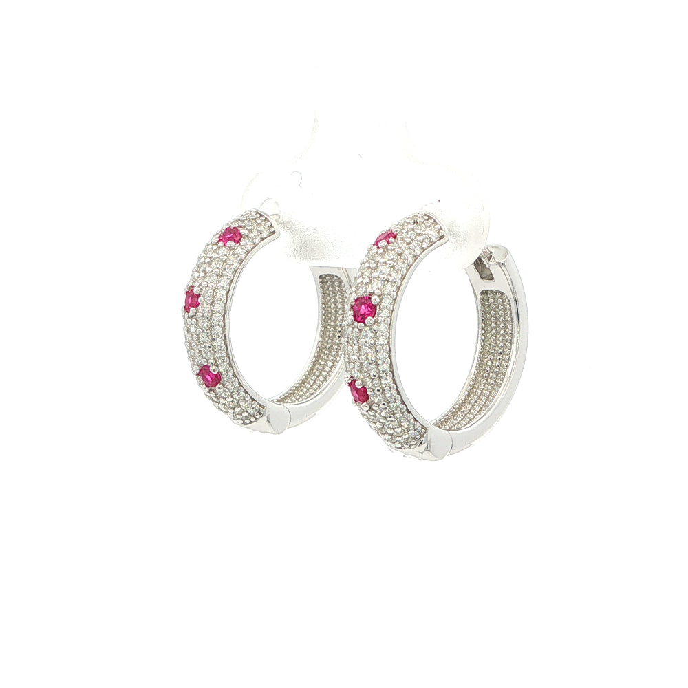 Shop online premium sterling silver huggie earrings with oval pavé CZ and created ruby stones.