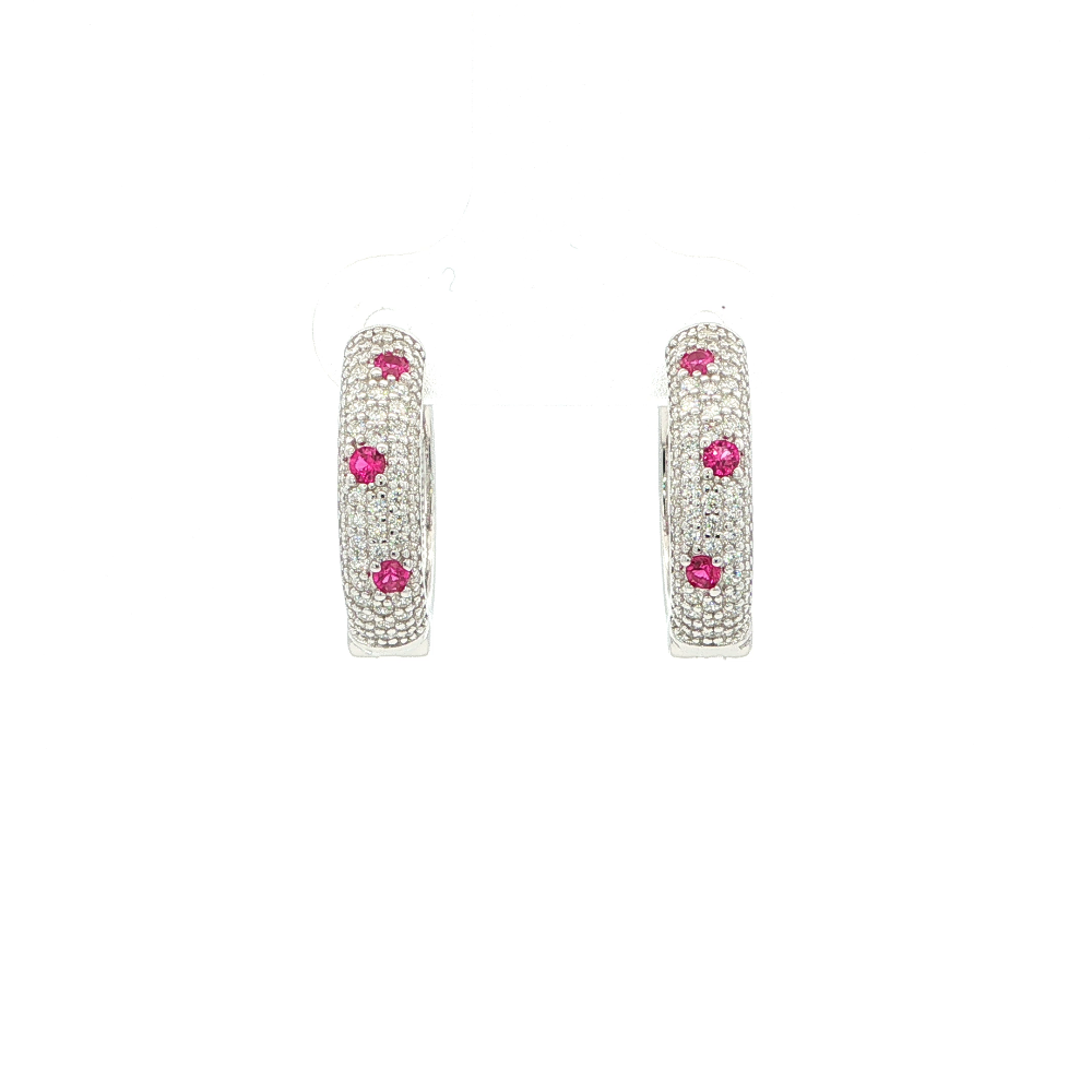 Shop online premium sterling silver huggie earrings with oval pavé CZ and created ruby stones.