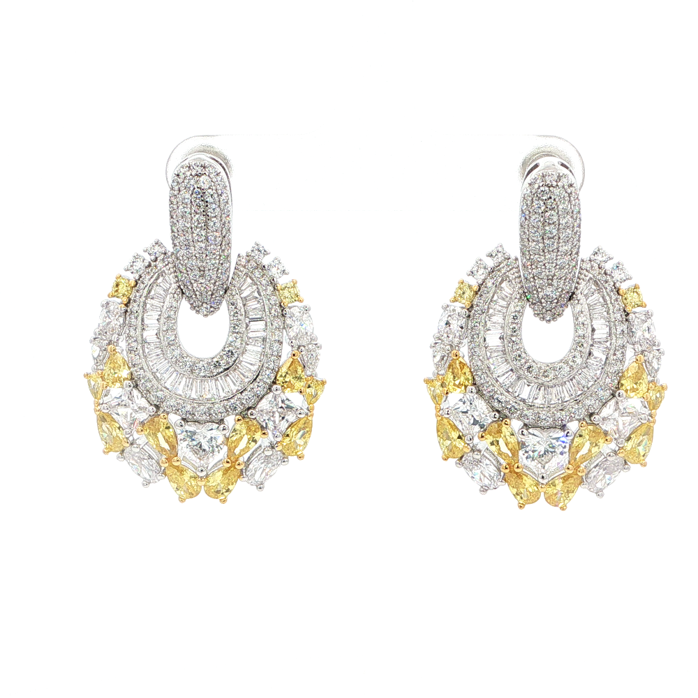 Shop online premium gold-dipped yellow and white cubic zirconia dangle earrings.