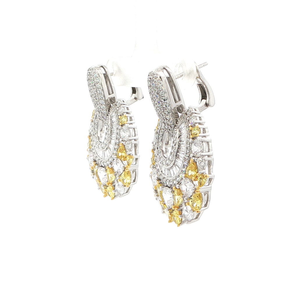 Shop online premium gold-dipped yellow and white cubic zirconia dangle earrings.