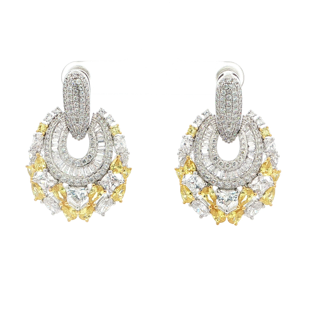 Shop online premium gold-dipped yellow and white cubic zirconia dangle earrings.