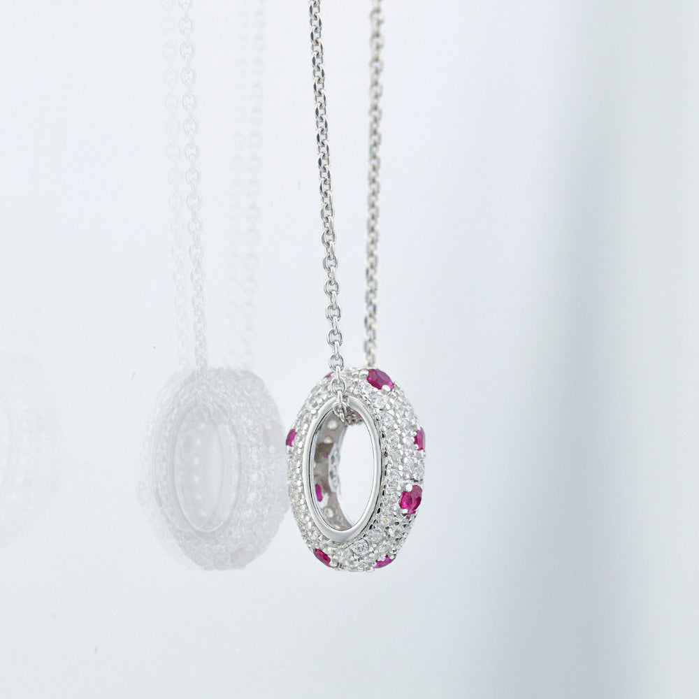 Shop online premium sterling silver necklace with ruby & white pavé zircon oval pendant.