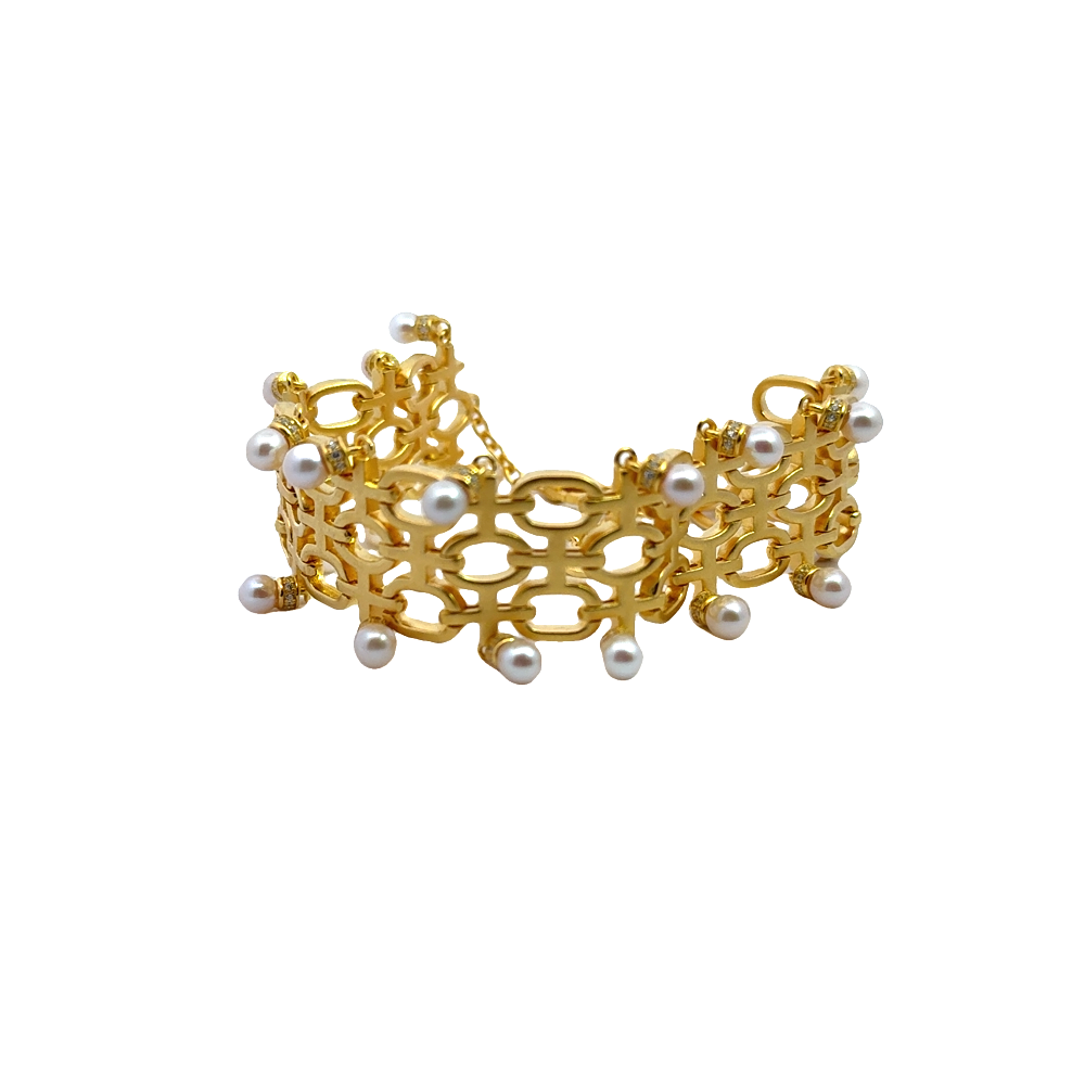 Sterling silver 18k gold-dipped bracelet with freshwater pearls and cubic zirconia accents for a clean timeless style. Shop premium jewelry online.
