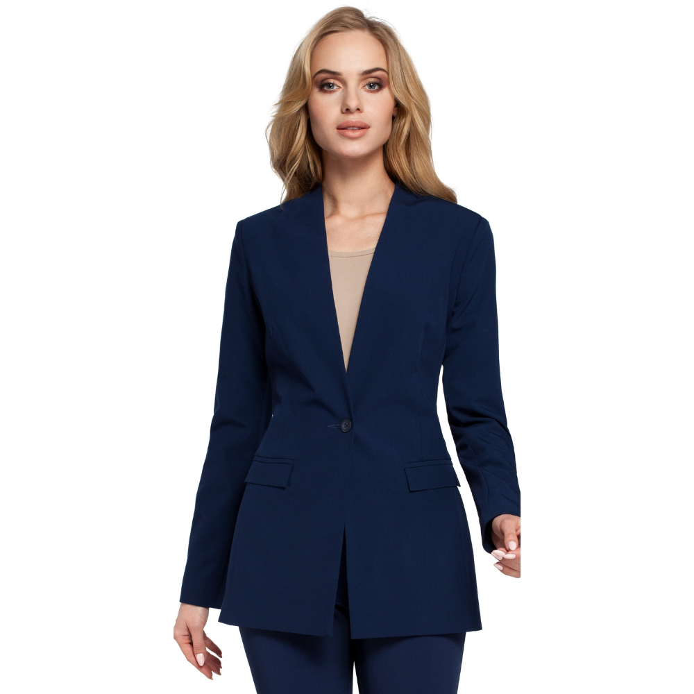 Woven; tailored fit jacket; single button closure; collarless; flap pockets; fully lined.