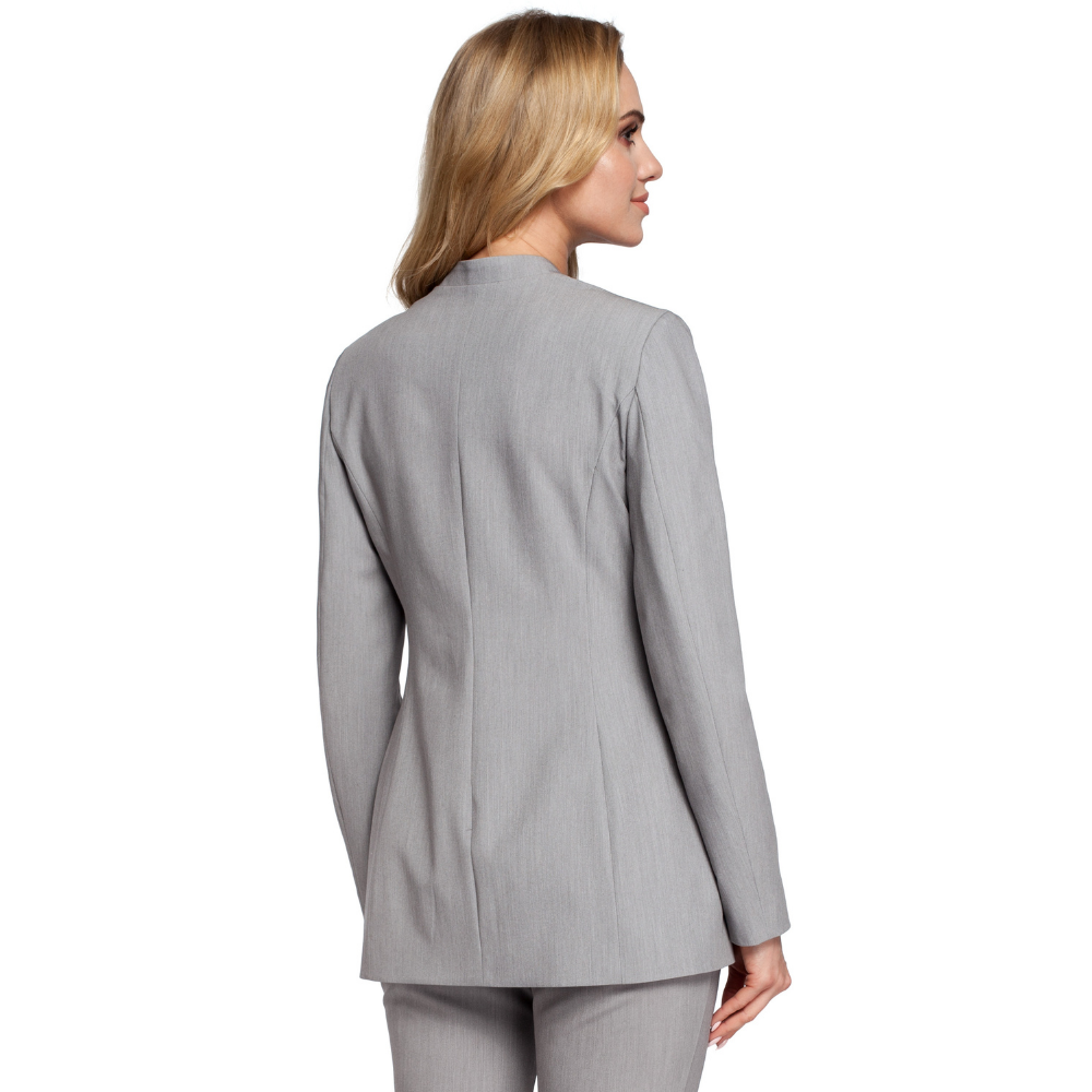 Woven; tailored fit jacket; single button closure; collarless; flap pockets; fully lined.