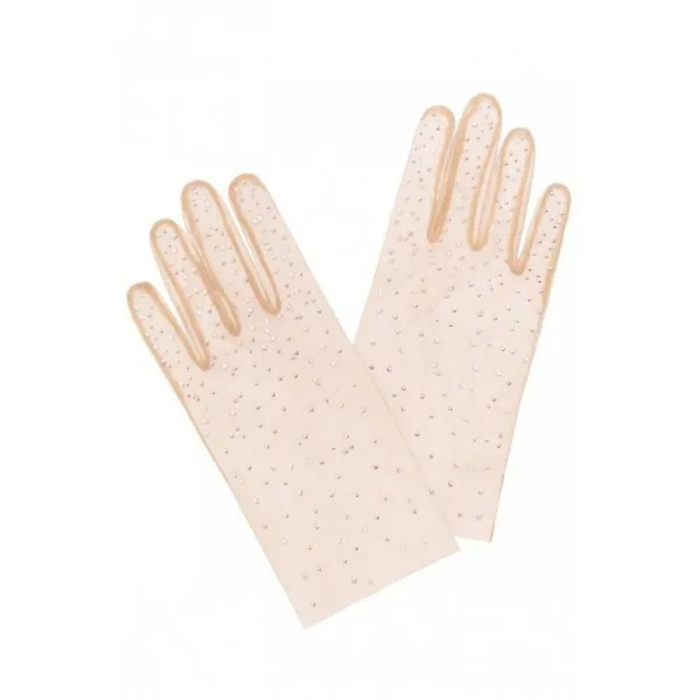 Beige gloves from stretch net with scattering of crystals. This is an exclusive piece from the designer Kuzyomin.