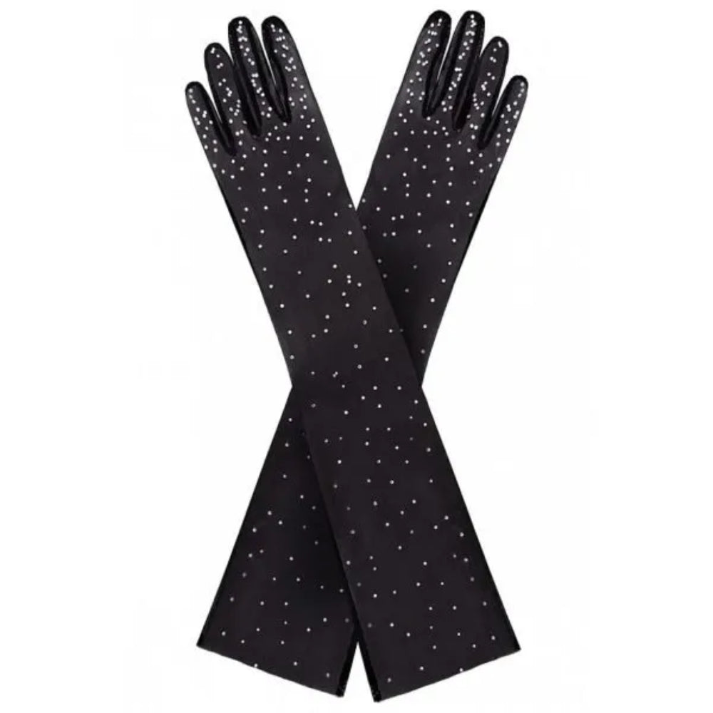 Black long gloves from stretch net with scattering crystals. The designer is known for their impeccable craftsmanship.